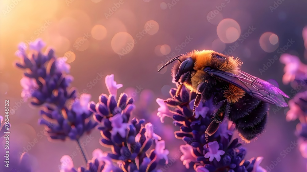 Naklejka premium Bumblebee Pollinating Lavender Flowers at Dusk