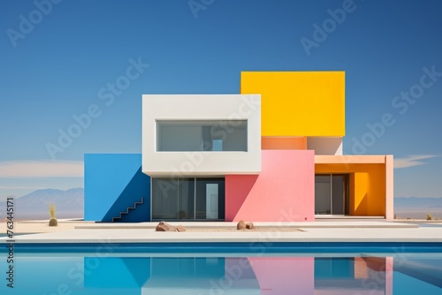 Vibrant, colorful house with a sparkling pool in the foreground © KerXing