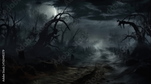 Moonlit haunted trail with fog and ghostly apparitions, inviting viewers to explore the eerie and mysterious aspects of Halloween