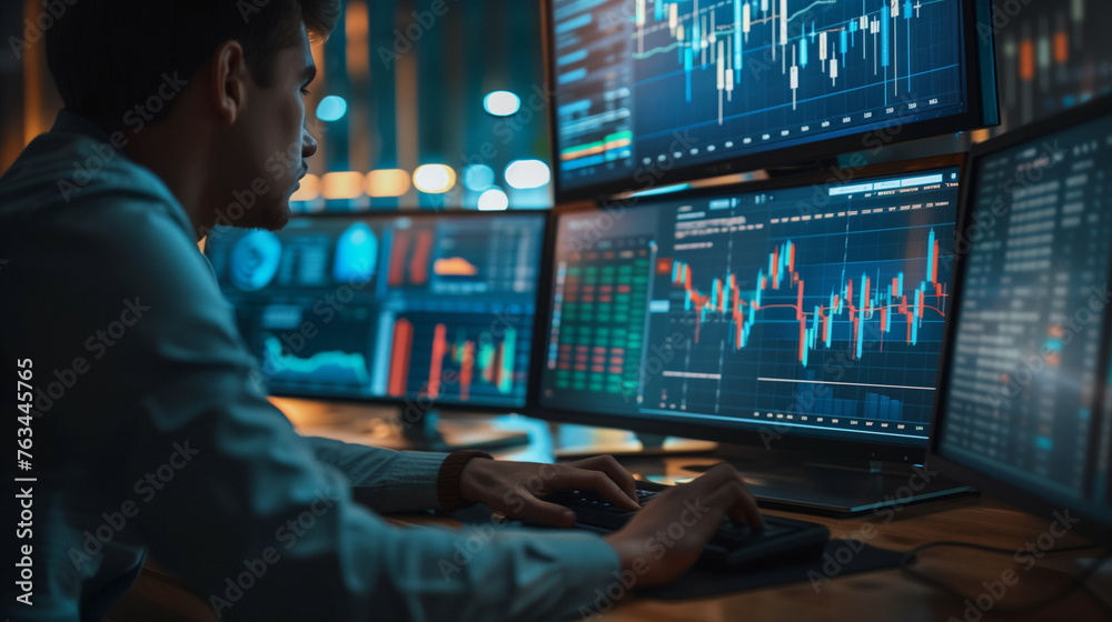 nvestments, stock market, funds, digital assets, planning and strategy. Businessman analyzes financial data chart, trading on financial market. Virtual screen. nvestments, stock market, funds, digital assets, planning and strategy. Businessman analyzes financial data chart, trading on financial market. Virtual screen.