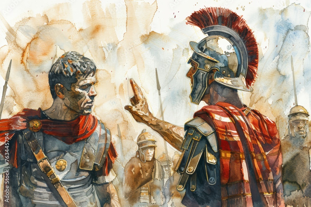 Watercolor illustration of a Roman soldier receiving instructions from a commander