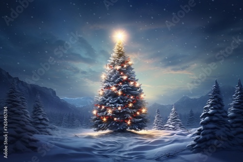 a tree with lights on it in a snowy landscape © Alex