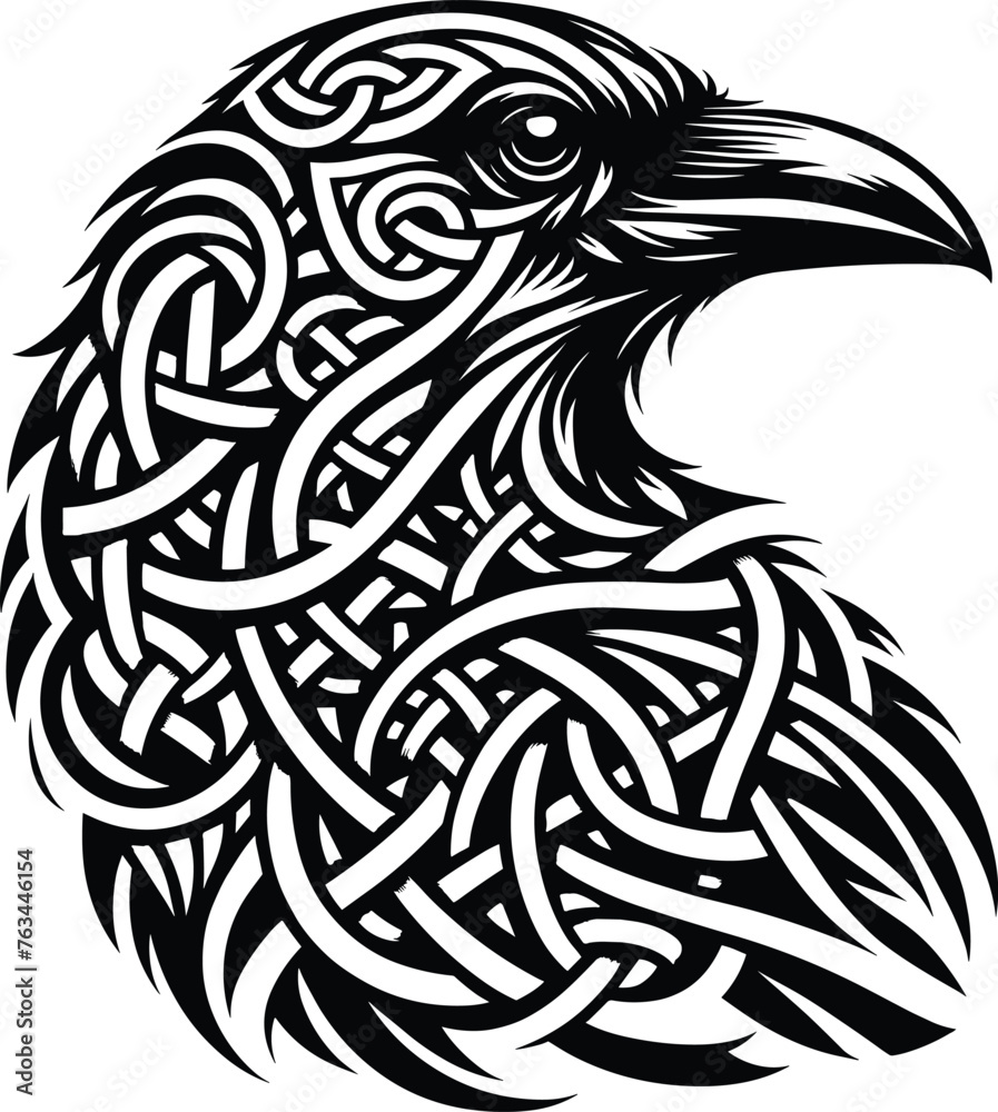 Raven, In Norse, Celtic style, isolated on white, vector illustration.