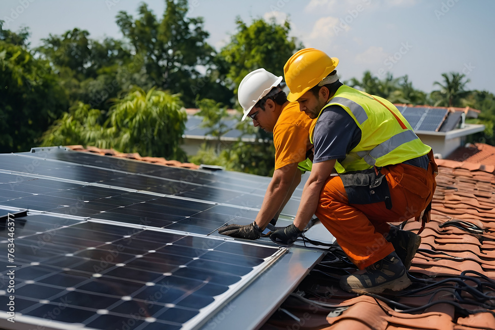 Solar power engineer installing solar panels, on the roof, electrical technician at work, alternative renewable green energy generation concept Solar power engineer installing solar panels, on the roof, electrical technician at work, alternative renewable green energy generation concept