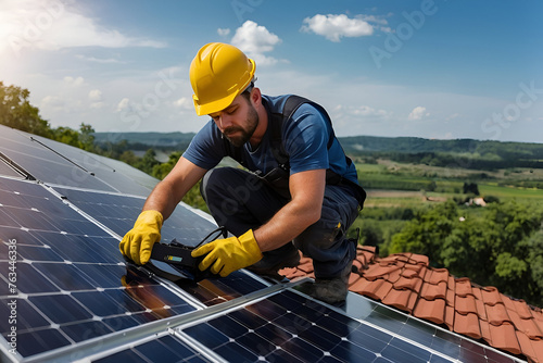 Solar power engineer installing solar panels, on the roof, electrical technician at work, alternative renewable green energy generation concept
