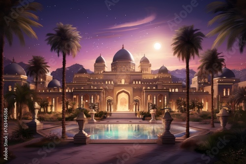 Traditional Arabian architecture and palm trees for Mawlid celebration