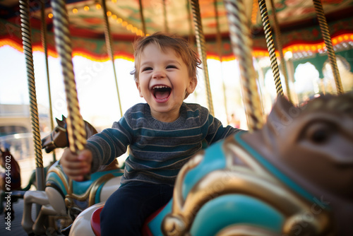 AI generated photo image of happy cheerful little child having fun in an amusement park