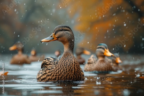 A serene duck swims confidently as rain gently falls, set against a moody autumnal backdrop