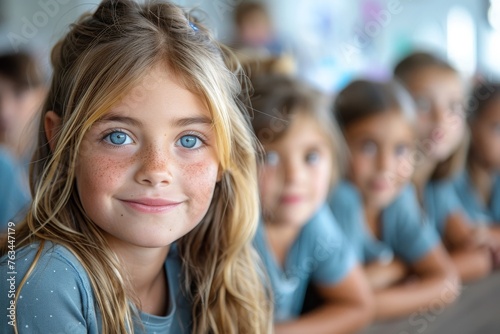A cheerful young girl smiling at the camera with her classmates softly focused in the background in a school setting