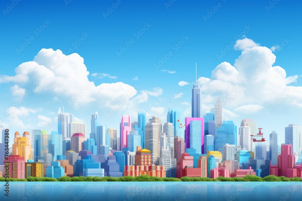 Vibrant city skyline under a clear blue sky background