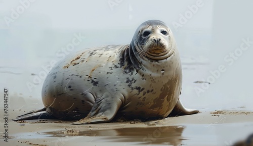 A grey seal rests atop a sandy beach, basking under the sun in its natural habitat