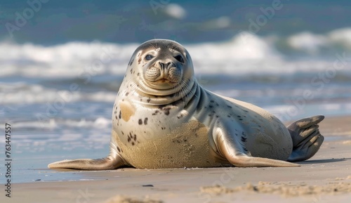 A grey seal is resting on the sandy beach, blending with its surroundings. The seal appears comfortable and relaxed as it sits by the waters edge