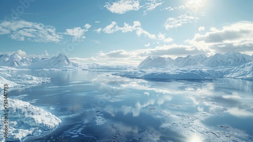 The clean lake surface is a little frozen, small distant mountains, sunny weather 