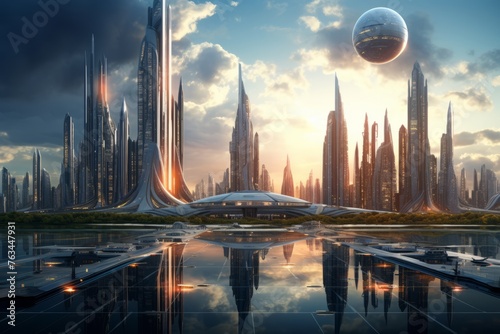 A futuristic city skyline with transparent buildings photo