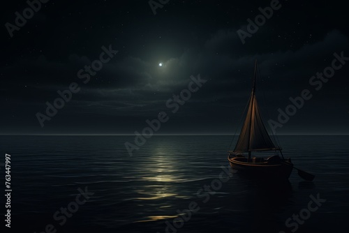 A lone boat sailing on a calm  dark night sea