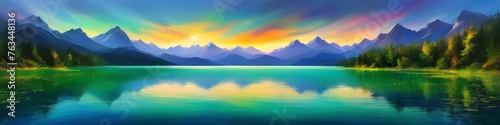 Abstract blurry drawn illustration of mountain forest lake on summer morning. Background for design, space for text.