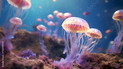 Jellyfish in Oceanic Ambiance. Generative AI © Element_Paradise