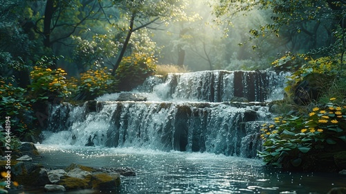 Panoramic beautiful waterfall on deep forest.