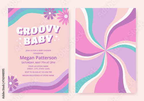 Floral groovy baby shower invitation in pastel colors. Retro 70s party card template for girls. Vector illustration.