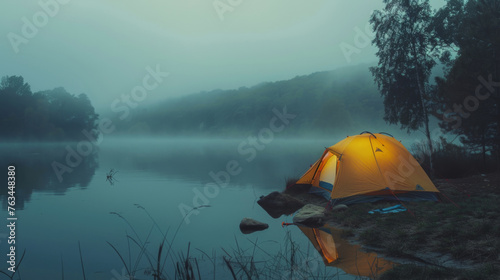 Illuminated tent at lakeside campsite. Foggy early morning. Outdoor adventures. Camping. Traveling.