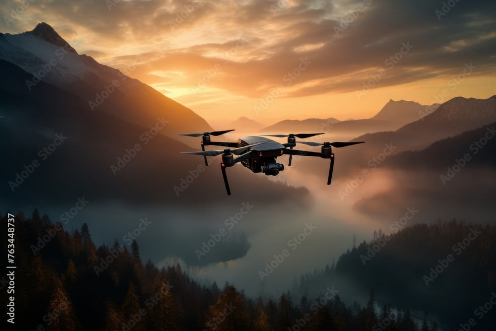 Advanced drone capturing a mesmerizing sunrise over a tranquil landscape Advanced drone capturing a mesmerizing sunrise over a tranquil landscape