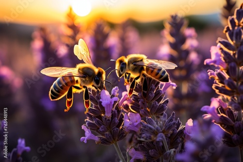 Close-up of bees on lavender flowers with blurred background, nature insect photography © Evgeny