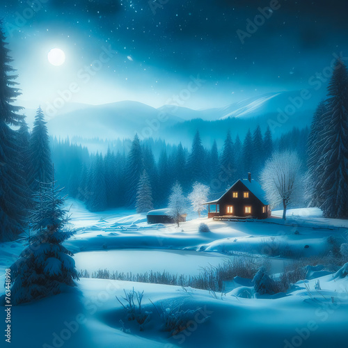 A small house in the middle of a winter forest, illuminated by the moon.