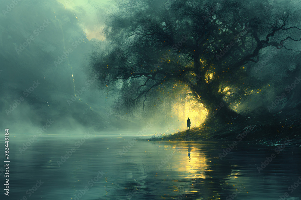 Mystical Sunrise: A Lone Figure Amidst Nature’s Awakening Beauty