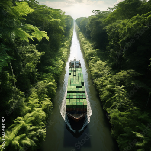 container ship carrying cargo passing river canal render
