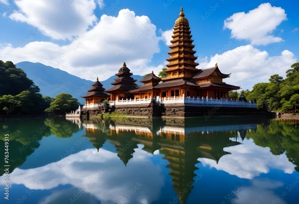 a temple with a lake and mountains in the background.