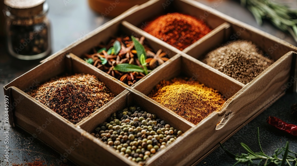 A set of different raw dry organic spices in a wooden box