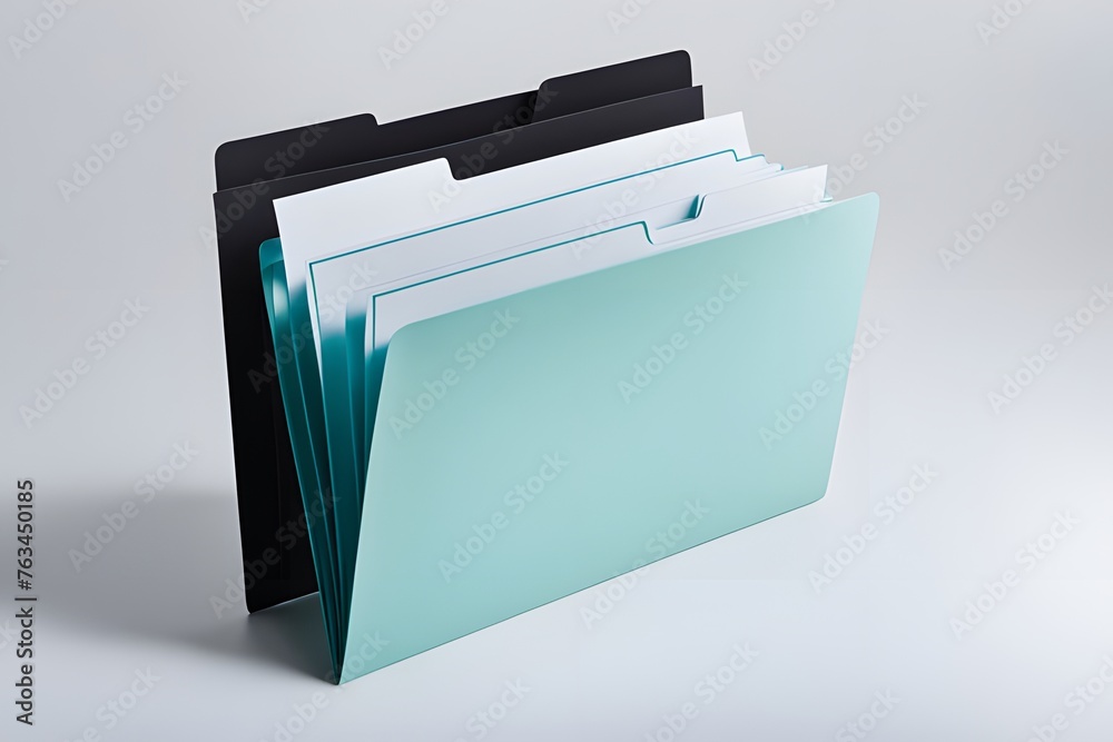 Three folders stacked on top of each other, one of which is green Three folders stacked on top of each other, one of which is green