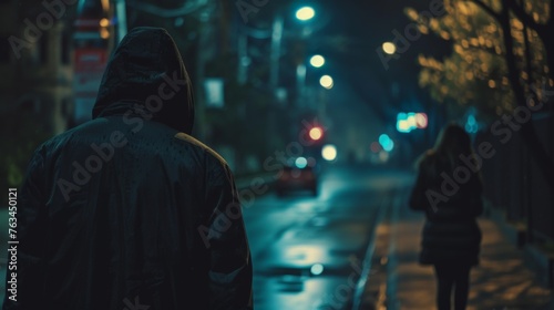 Man with a hood following woman in dark street photo