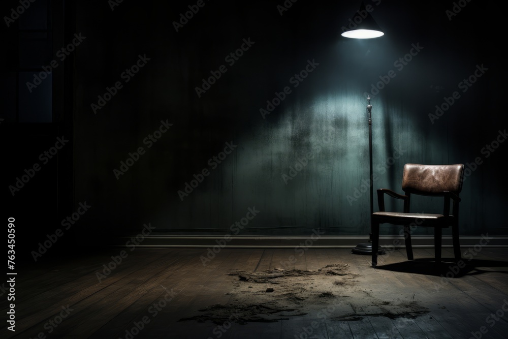 Dark room with a single spotlight on a chair, evoking feelings of suspense and fears - obrazy, fototapety, plakaty 