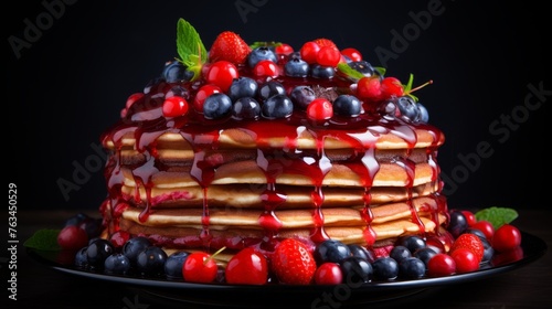 Delicious homemade pancakes with fresh berries and maple syrup for breakfast  copy space available