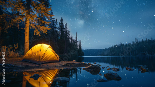Illuminated tent at lakeside campsite. Night time. Outdoor adventures. Camping. Traveling. photo