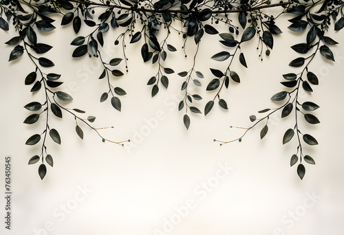 A monochrome photography of plant leaves on a white wall, showcasing a beautiful pattern of nature. The contrast of black and white creates a striking artistic composition