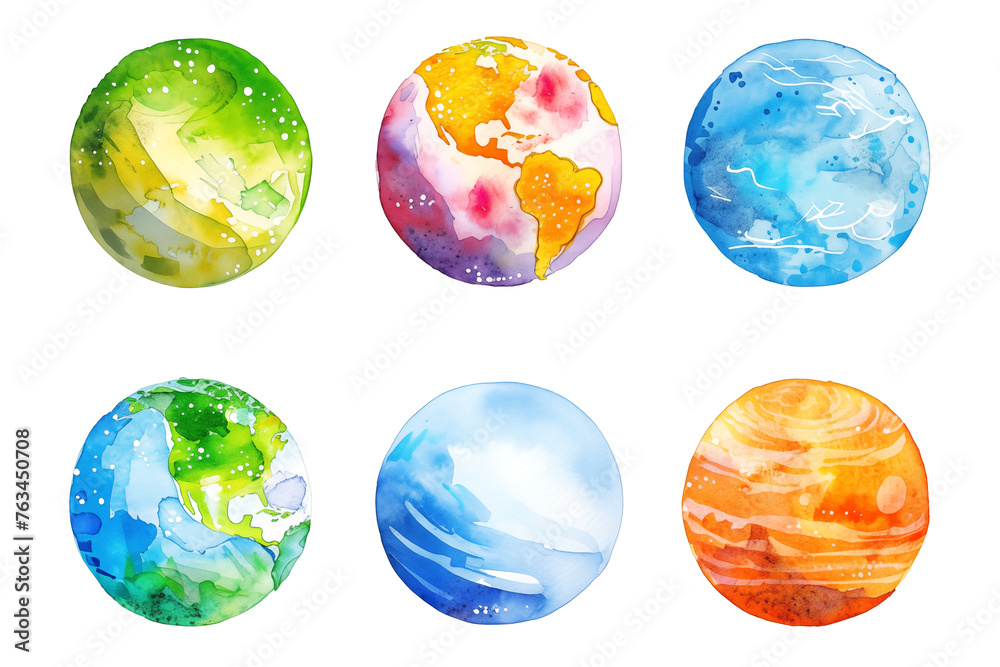 Set of colorful watercolor planets isolated on white background
