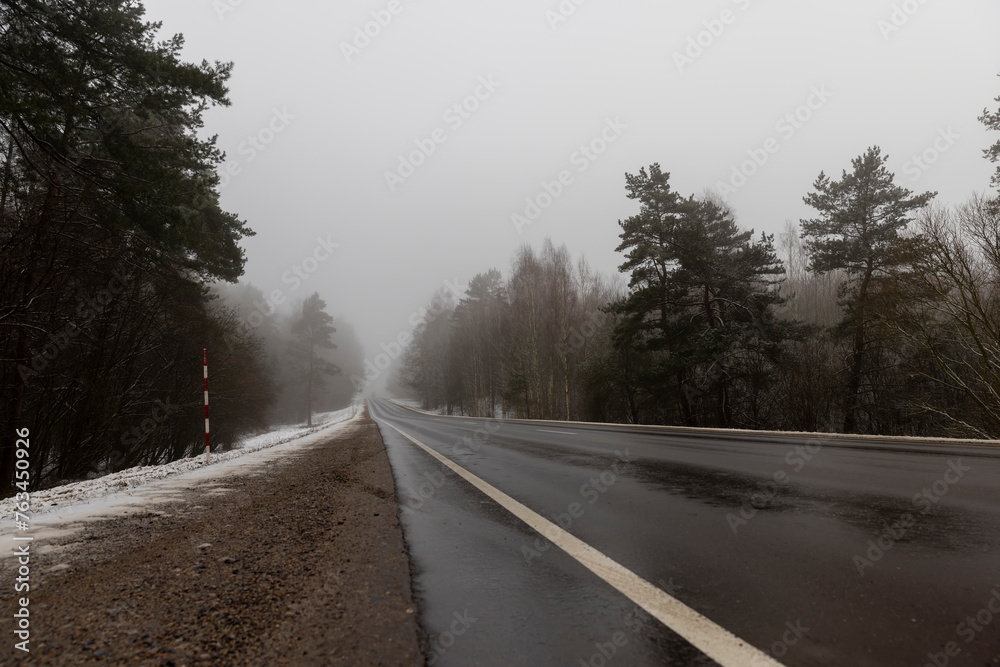 Fototapeta premium beautiful snow-covered road during fog in winter