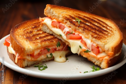 Toasted tomato sandwich on white plate in modern restaurant, breakfast menu concept with copy space
