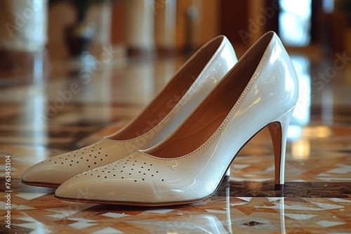 A refined pair of white patent leather high heels on a marble floor, evoking elegance and simplicity in fashion