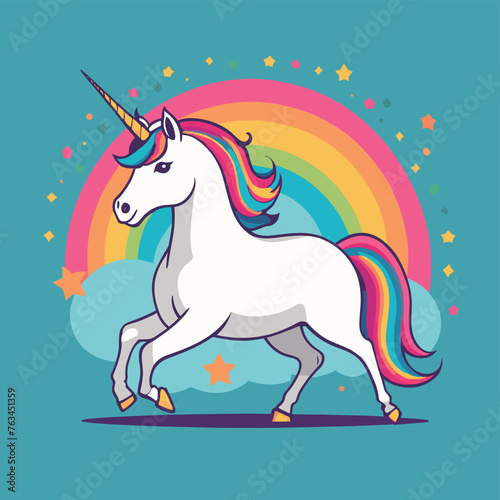 Colorful unicorn with a rainbow mane prancing in front of a vibrant rainbow and starry sky.
