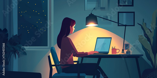 Woman working from home late at night, illustration