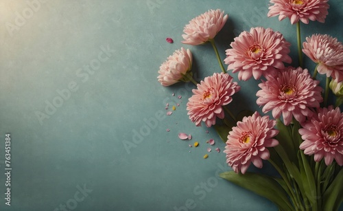 Pink flowers with pink petals on a table. Image for a wedding, women's day, mother's day, Valentine's Day or birthday themed greeting card or invitation. With space for text