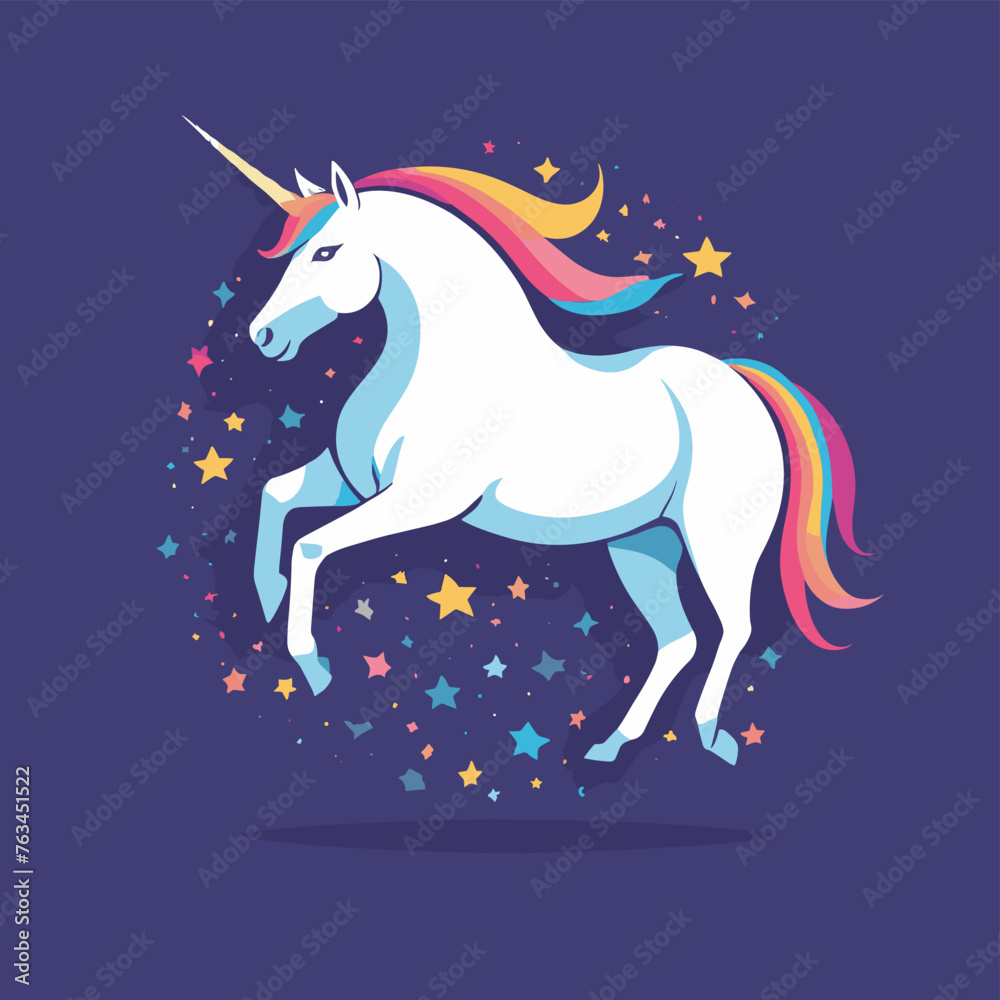 Vibrant illustration of a majestic unicorn with a rainbow mane surrounded by colorful stars on a deep purple background. Vibrant illustration of a majestic unicorn with a rainbow mane surrounded by colorful stars on a deep purple background.