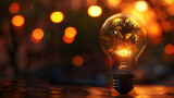 An illuminated light bulb with a tree inside on a blurred background 