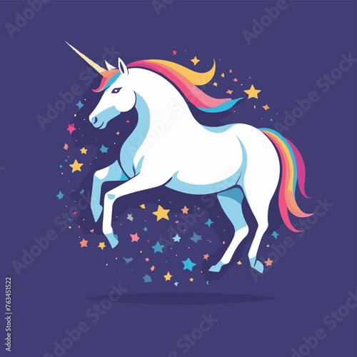 Vibrant illustration of a majestic unicorn with a rainbow mane surrounded by colorful stars on a deep purple background.