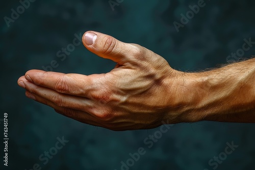 The powerful grip of a man's hand is highlighted in this photograph against a dark backdrop