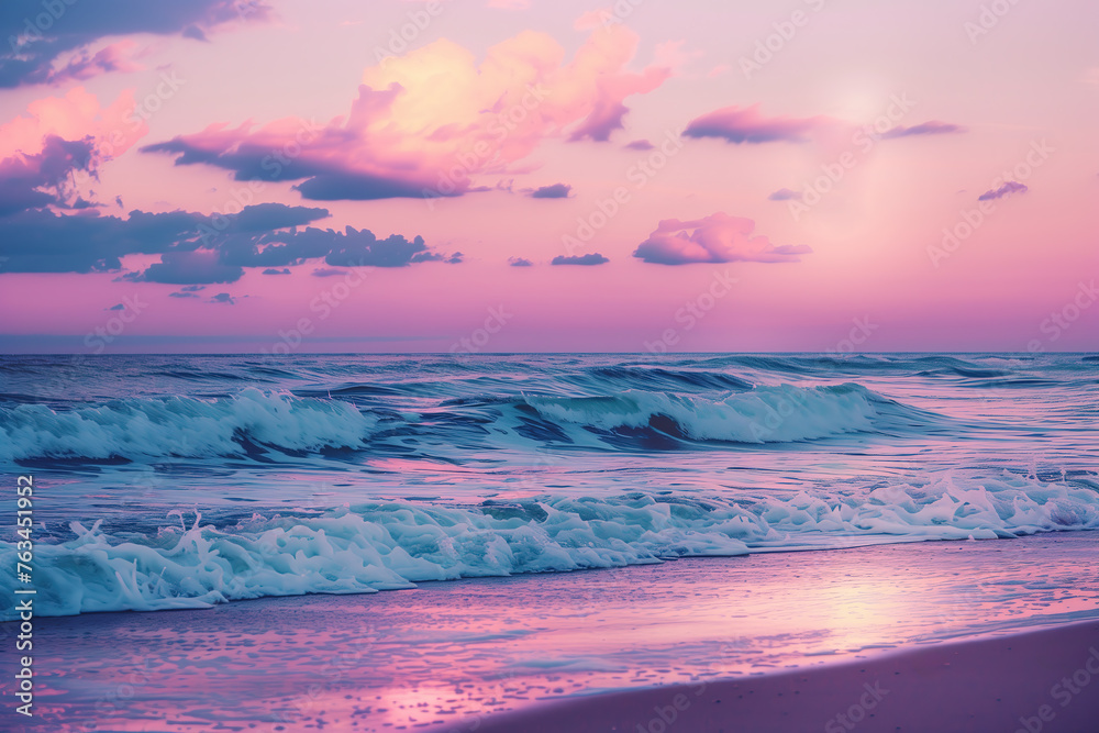 ocean, beach scene, pastel sky, calm waves, soft pink and purple hues 