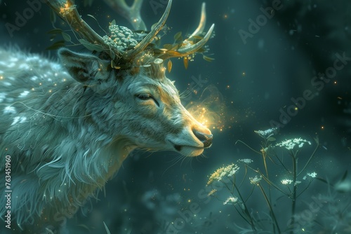A radiant deer with majestic antlers, adorned with flowers and a gentle glow emanating from its nose, exudes an aura of tranquility and hope, symbolizing the beauty of nature and the power of healing.